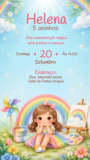 Convite Aniversário Menina Pintora e Arco-íris Editável