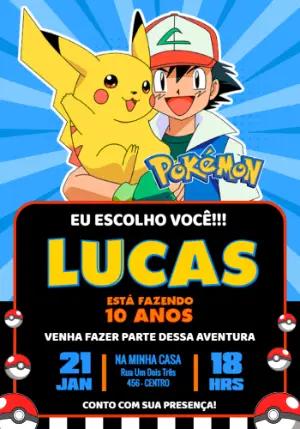Convite de Aniversário Pokémon com Ash e Pikachu para Editar