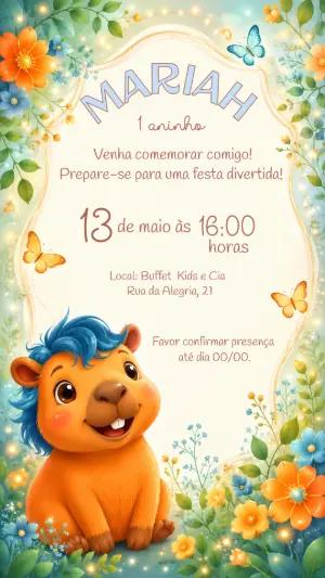 Convite Animado de Aniversário Capivara Fofa para Editar
