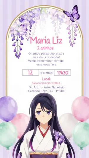 Convite Digital Aniversário Menina Anime Lilás Editável