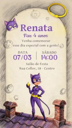 Convite de Aniversário Heroína Gata Roxo para Editar