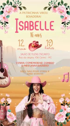 Convite de Aniversário Boiadeira Rosa para Editar Online