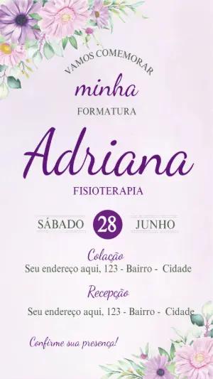 Convite de Formatura Fisioterapia Floral Lilás para Editar Online