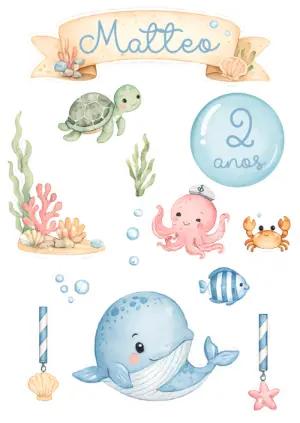 Topo de Bolo Fundo do Mar Aquarela para Editar e Imprimir