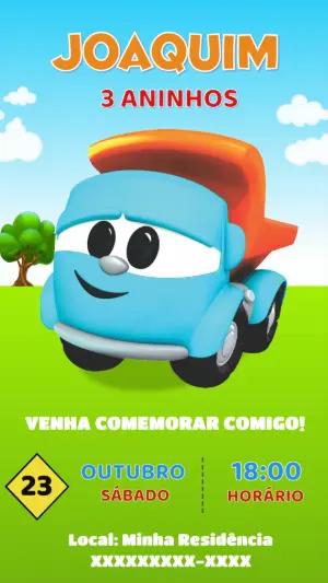 Convite de Aniversário Léo o Caminhão para Editar Online