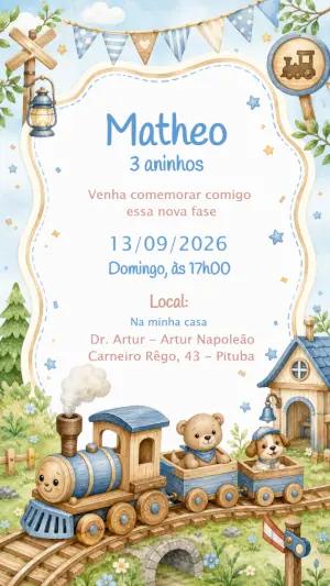 Convite de Aniversário Trenzinho Aquarela para Editar Online