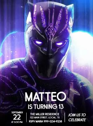 Editable Black Panther Birthday Invitation with Neon Style