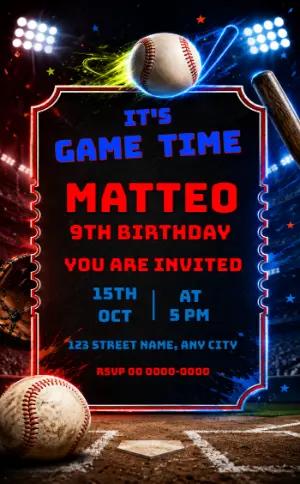 It's Game Time! Editable Baseball Birthday Invitation
