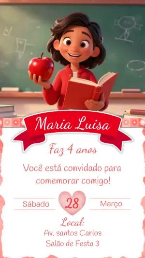 Convite Aniversário Infantil Menina Escola 3D Editável