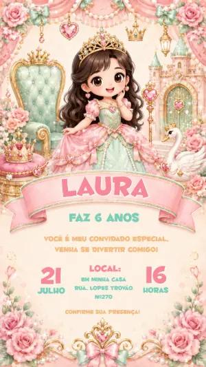 Convite de Aniversário Princesa Morena Reino Encantado Editável