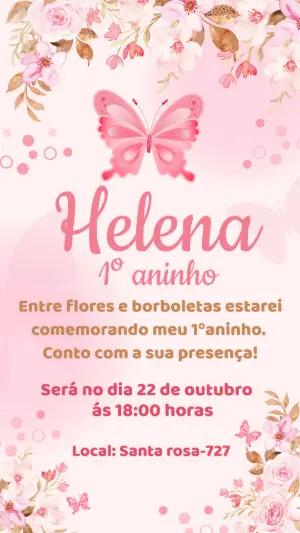 Convite de Aniversário Borboletas e Flores Rosa Editável
