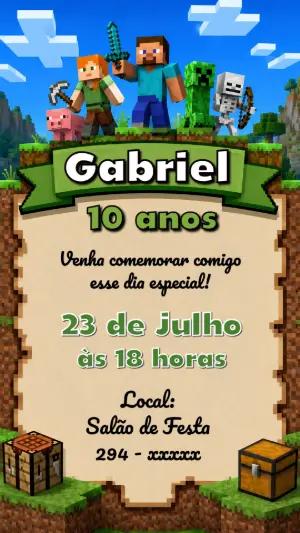 Convite de Aniversário Minecraft Editável para Festa Infantil