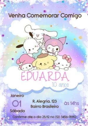 Convite de Aniversário Hello Kitty e Amigos Fofo para Editar