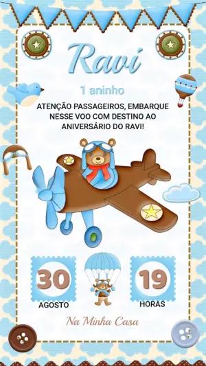 Convite Animado Aniversário Ursinho Aviador para Editar