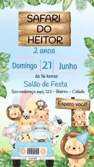 Convite Aniversário Safari com Animais Fofos para Editar