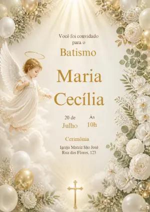 Convite de Batismo Anjo Branco e Dourado para Editar