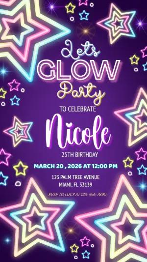 Glow Party Birthday Invitation Editable Template