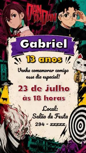 Convite Digital Aniversário Estilo Anime Dandadan Editável