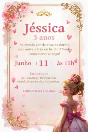 Convite de Aniversário Princesa Rosa e Dourado para Editar