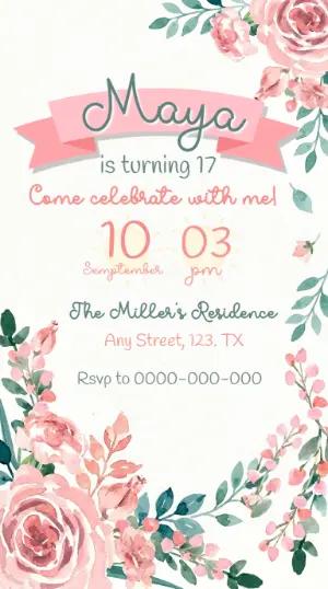 Editable Floral Birthday Invitation with Pink Watercolors