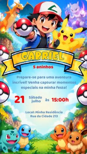 Convite de Aniversário Pokémon com Ash e Pikachu para Editar