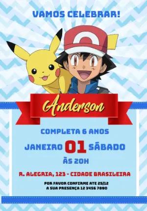 Convite de Aniversário Pokémon com Ash e Pikachu para editar
