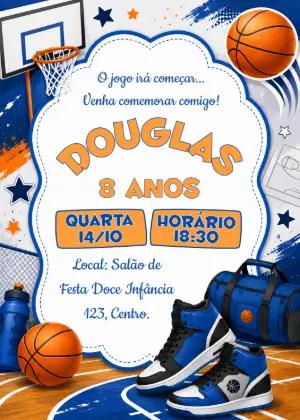 Convite de Aniversário Basquete Azul e Laranja para Editar