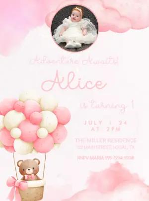 Editable Teddy Bear Hot Air Balloon Birthday Invitation