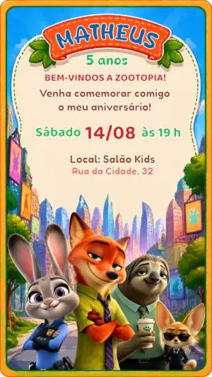Convite de Aniversário Zootopia | Modelo Digital para Editar