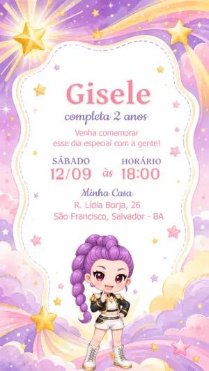 Convite de Aniversário Guerreira K-pop Editável para Enviar