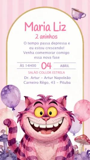Convite de Aniversário Infantil Gato Risonho Alice Editável