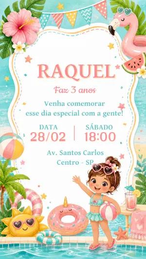 Convite Digital Festa na Piscina para Aniversário de Menina