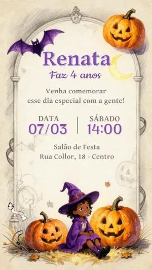 Convite de Aniversário Halloween com Bruxinha Fofa Editável