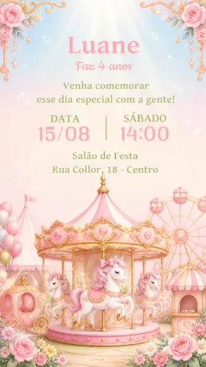 Convite Aniversário Carrossel Encantado Rosa Editável