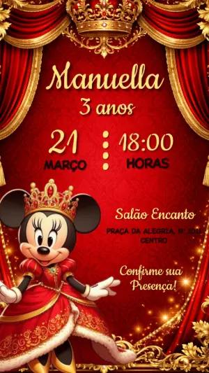 Convite Aniversário Minnie Realeza Vermelho e Dourado Editável