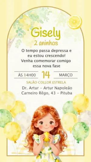 Convite de Aniversário Limão Siciliano Aquarela Editável