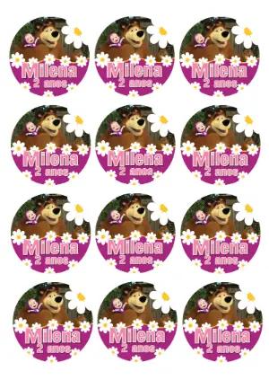 Adesivo Redondo Masha e o Urso para Editar e Imprimir