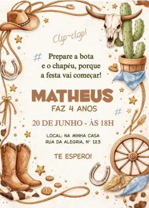 Convite de Aniversário Cowboy Editável Estilo Rústico