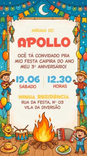 Convite de Aniversário Arraiá Infantil Colorido para Editar