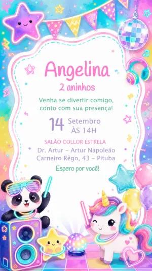 Convite Aniversário Balada Neon Panda e Unicórnio Editável