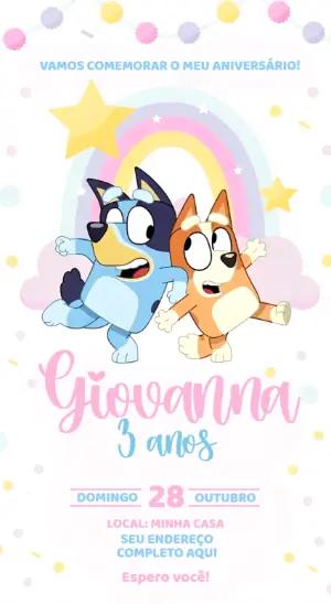 Convite de Aniversário Bluey Menina Colorido para Editar