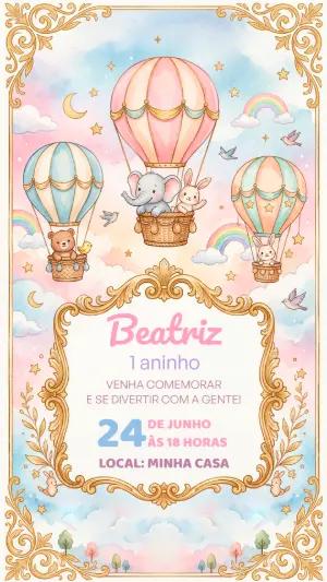 Convite de Aniversário Infantil Animais no Balão Editável