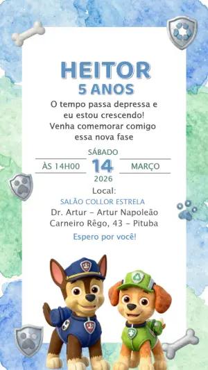 Convite de Aniversário Patrulha Canina Aquarela para Editar