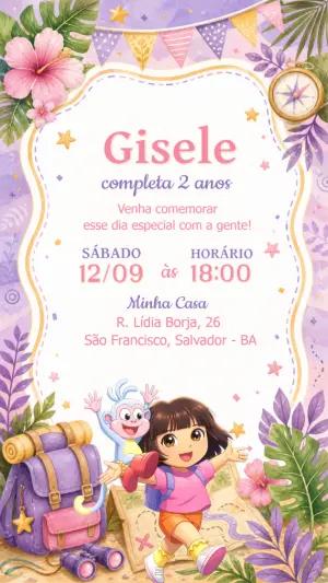 Convite de Aniversário Dora Aventureira Editável Aquarela