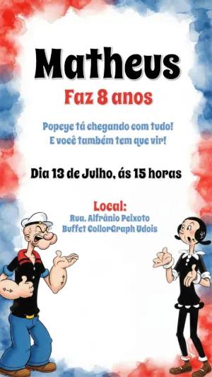 Convite de Aniversário Popeye para Editar e Imprimir Online