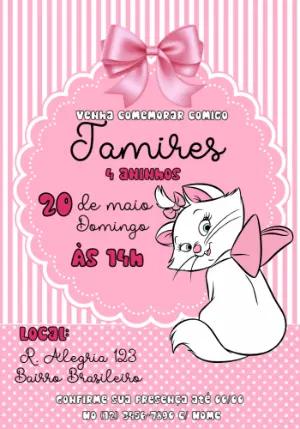 Convite Aniversário Gatinha Marie Editável Online para Imprimir