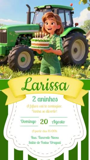 Convite de Aniversário Fazendeira com Trator 3D Editável