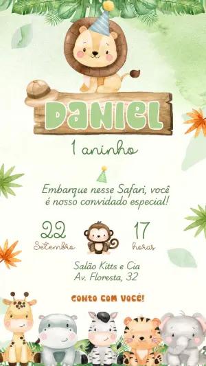 Convite de Aniversário Safari Baby com Animais para Editar
