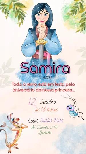 Convite de Aniversário Mulan Princesa Guerreira Aquarela Editável