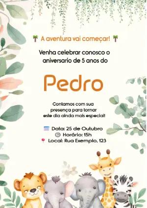 Convite de Aniversário Safari com Animais Fofos para Editar
